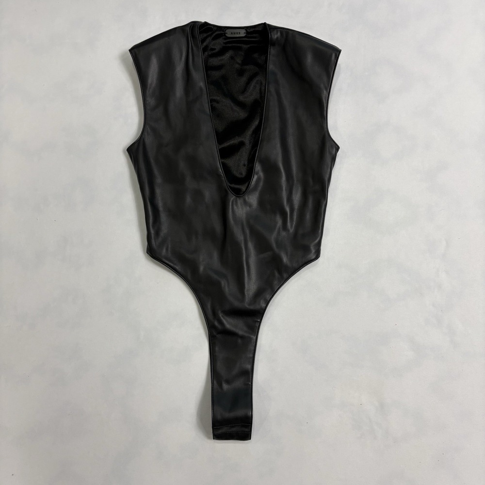 RUVE Black Faux Leather Bodysuit S Deep V Neck Sleeveless PU Stretch